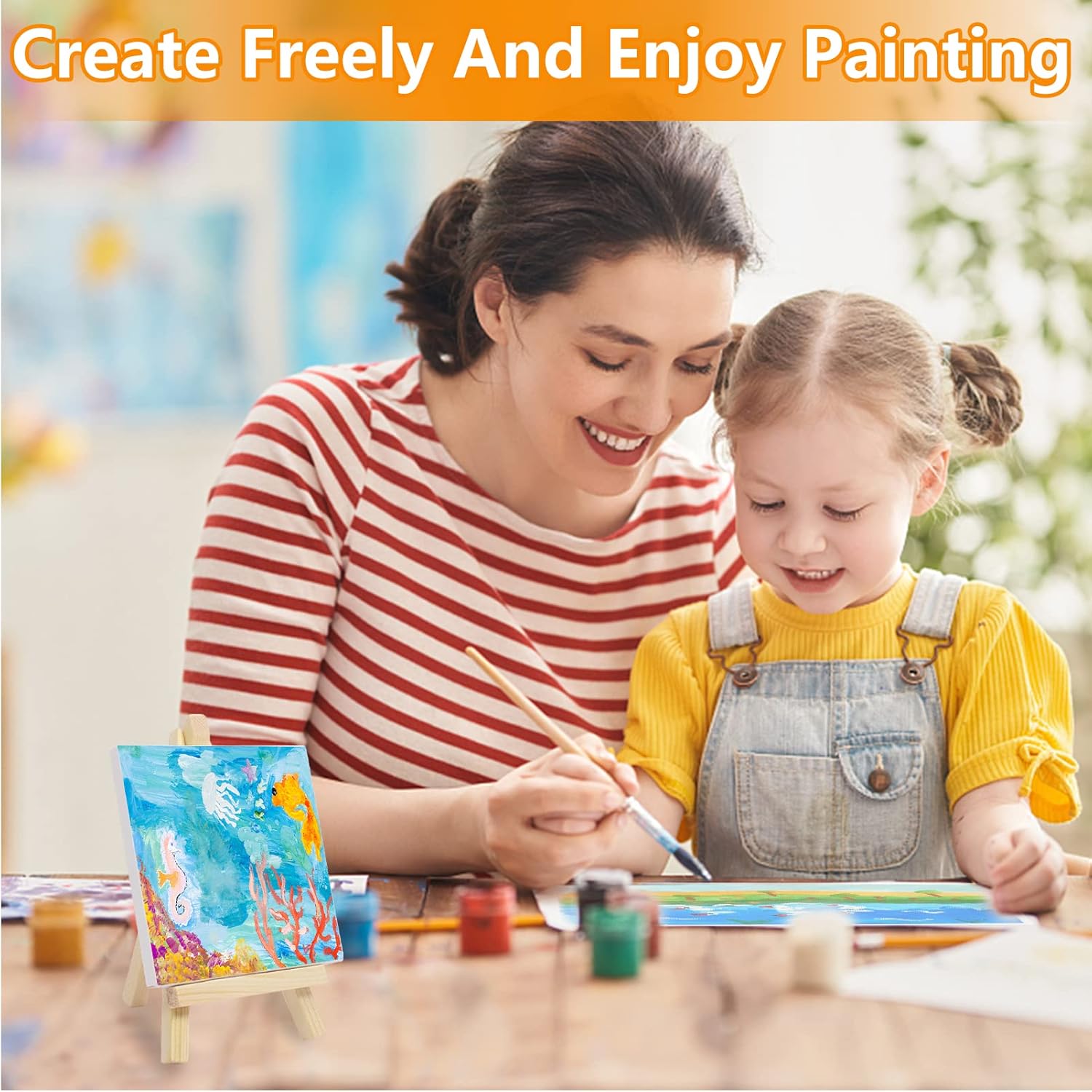 32 Pack Canvas and Easel, 4 x 4 Inch Stretched Canvases Small Painting Canvas with Mini Easel, Art Canvases for Kids Painting Party Craft Acrylic Pouring Oil Water Color