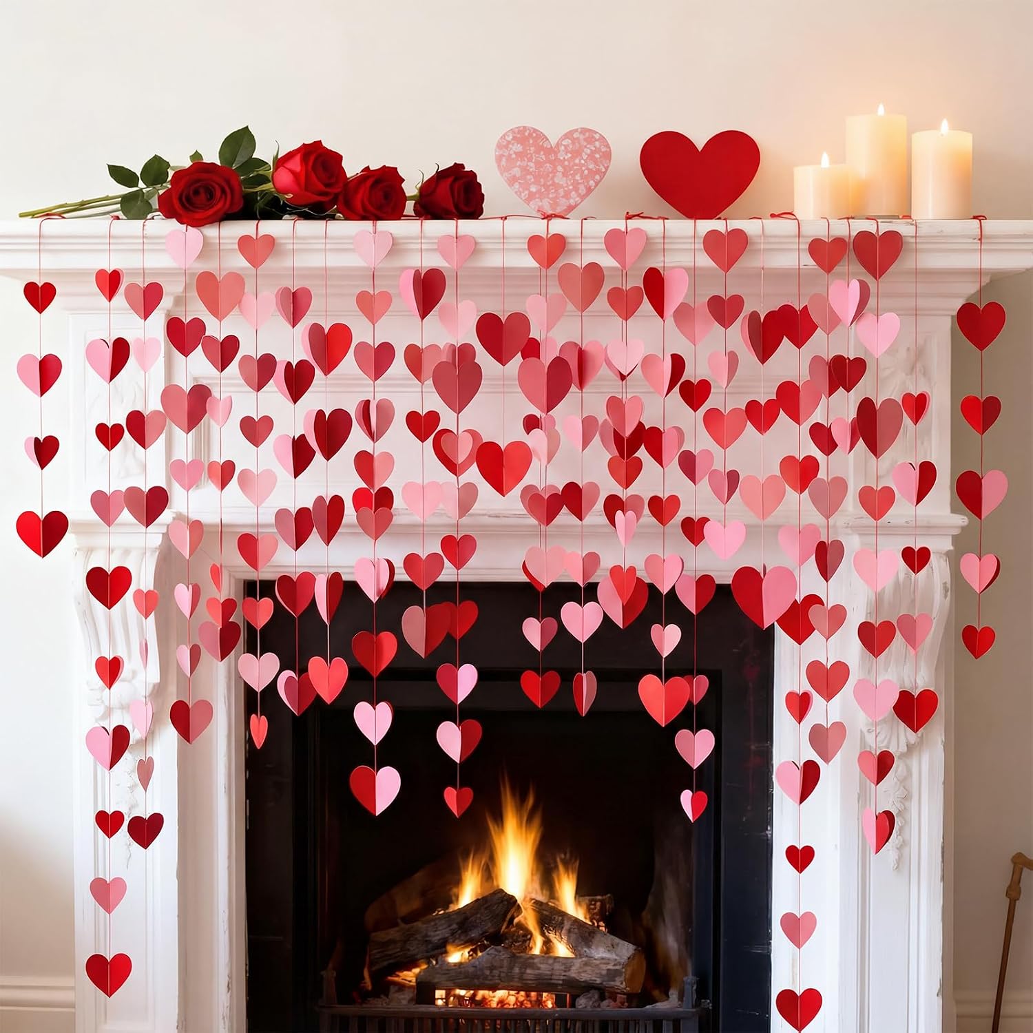 Resurhang 24 Pack Valentines Heart Garland Banner Valentines Decoration Red Pink 3D Heart Paper Banner Hanging Decoration for Fireplace Mantel Wall Anniversary Wedding Birthday Party Decor