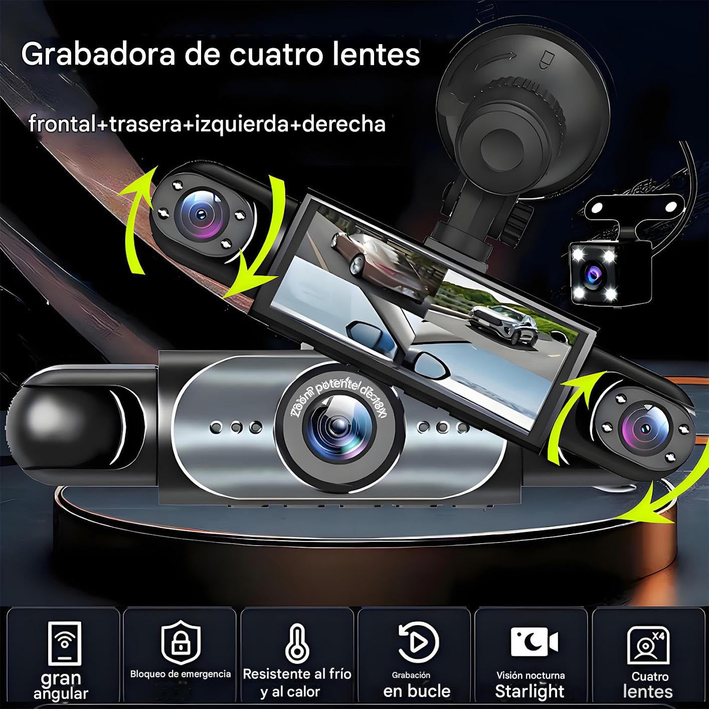 Cámara para Coche | Cámara de Coche 4 Canales con Batería - con Tarjeta de 32GB Imagen de Marcha Atrás Monitor 1080P para Delante Izquierda Derecha Trasera Punto Ciego Taxi Camiones
