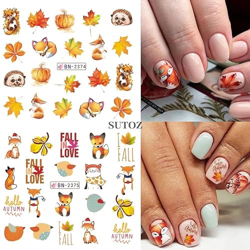 Miniatura 5 de 12 calcomanías de otoño para arte de uñas, hojas de arce, calcomanías de agua doradas para otoño, láminas deslizantes para hojas, geometría, búho,