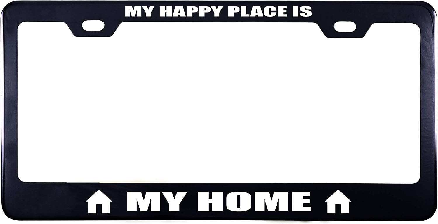 Printtoo Black My Happy Place is My Home License Plate Frame 2 Holes Stainless Steel Vinyl Cut Letters Frame-12 x 6 Inches