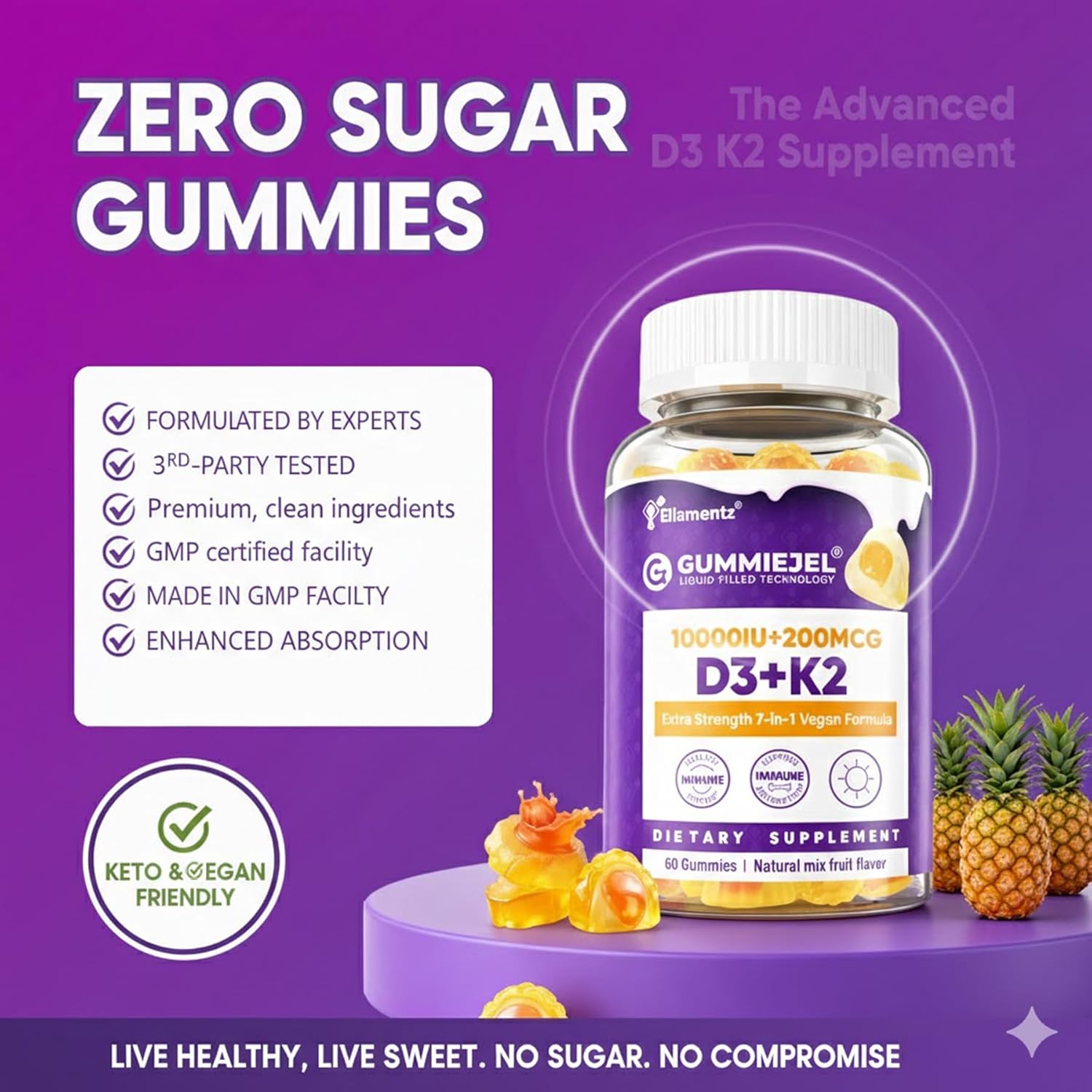 Vitamin D3 10000IU + K2 (MK-7) 200mcg, Vitamin D3 K2 Filled Gummies with 500mg Calcium +250mg Magnesium, Boron & Zinc, Extra Strength - Ultimate Absorbency for Bones, Immune, Teeth 1PACK - Image 9