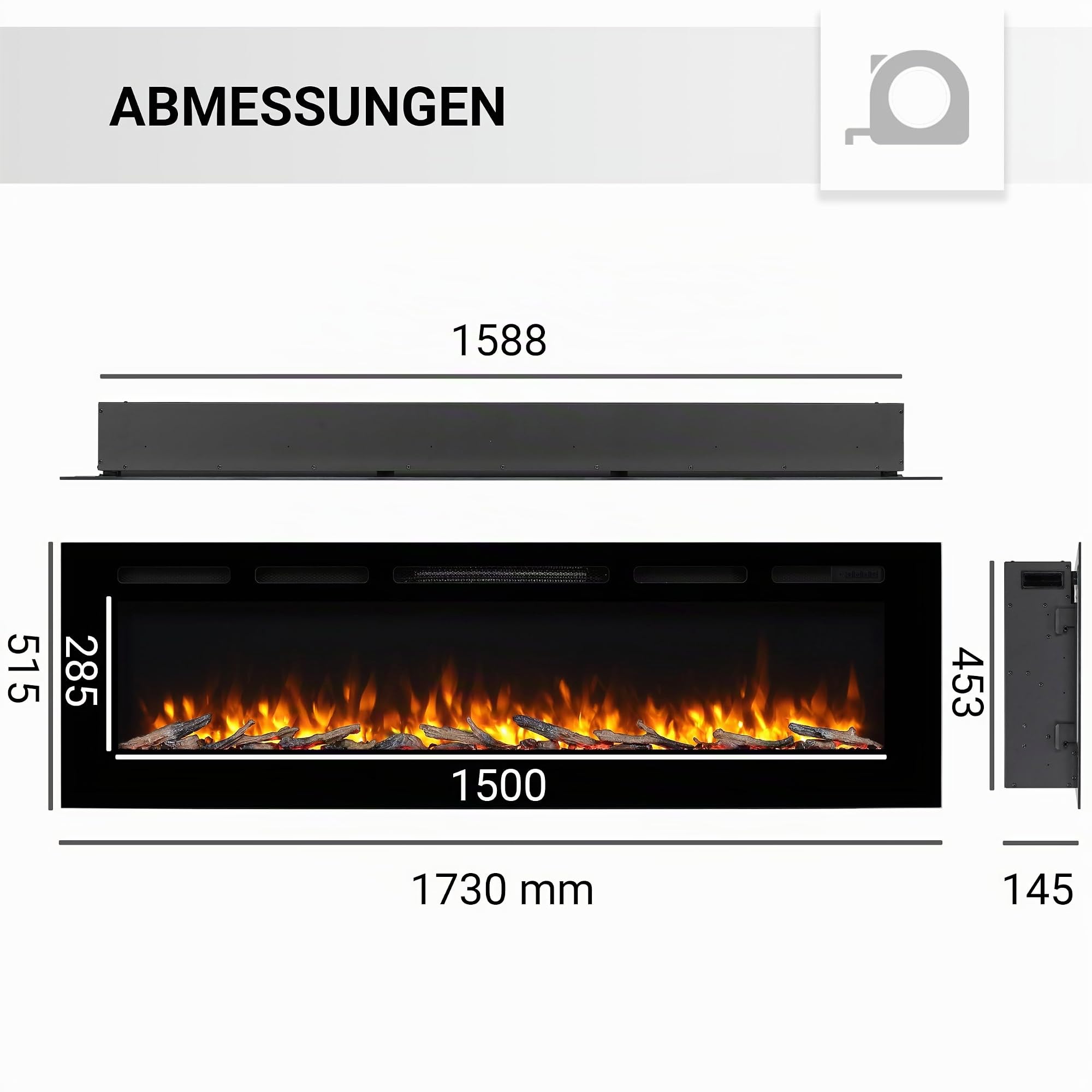 BALDERIA Elektrischer Einbaukamin Fiamma 68" Schwarz | 3D-Flammeneffekt, Heizung 2000W, LED-Beleuchtung, Kamin mit Fernbedienung, Timer, Startsteuerung & Thermostat