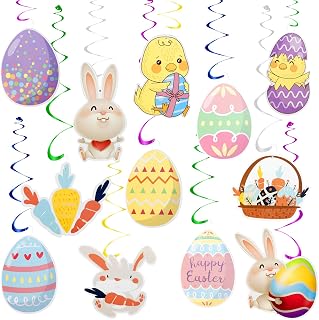 Easter Hanging Decorations, Easter Party Decorations, 24PCS Easter Hanging Swirl Decoration with Foil Wall Ceiling Streamers, Colorful Easter Eggs Bunny Ornaments Party Supplies for Home Office School