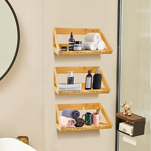 Miniatura 5 de Estantes flotantes montados en la pared, 3 piezas de bambú sólido para colgar en la pared, estantes de almacenamiento de pared para dormitorio, sala