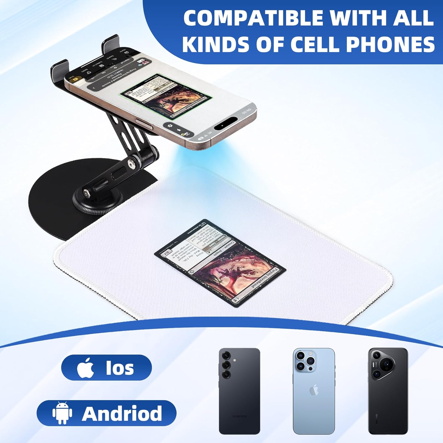 Card Scanner for Trading Cards–MTG & TCG Card Scanner Stand with Magnetic LED Light,Foldable Phone Holder for Scanning,Cards Quickly Scan and Price Check,Available for ManaBox