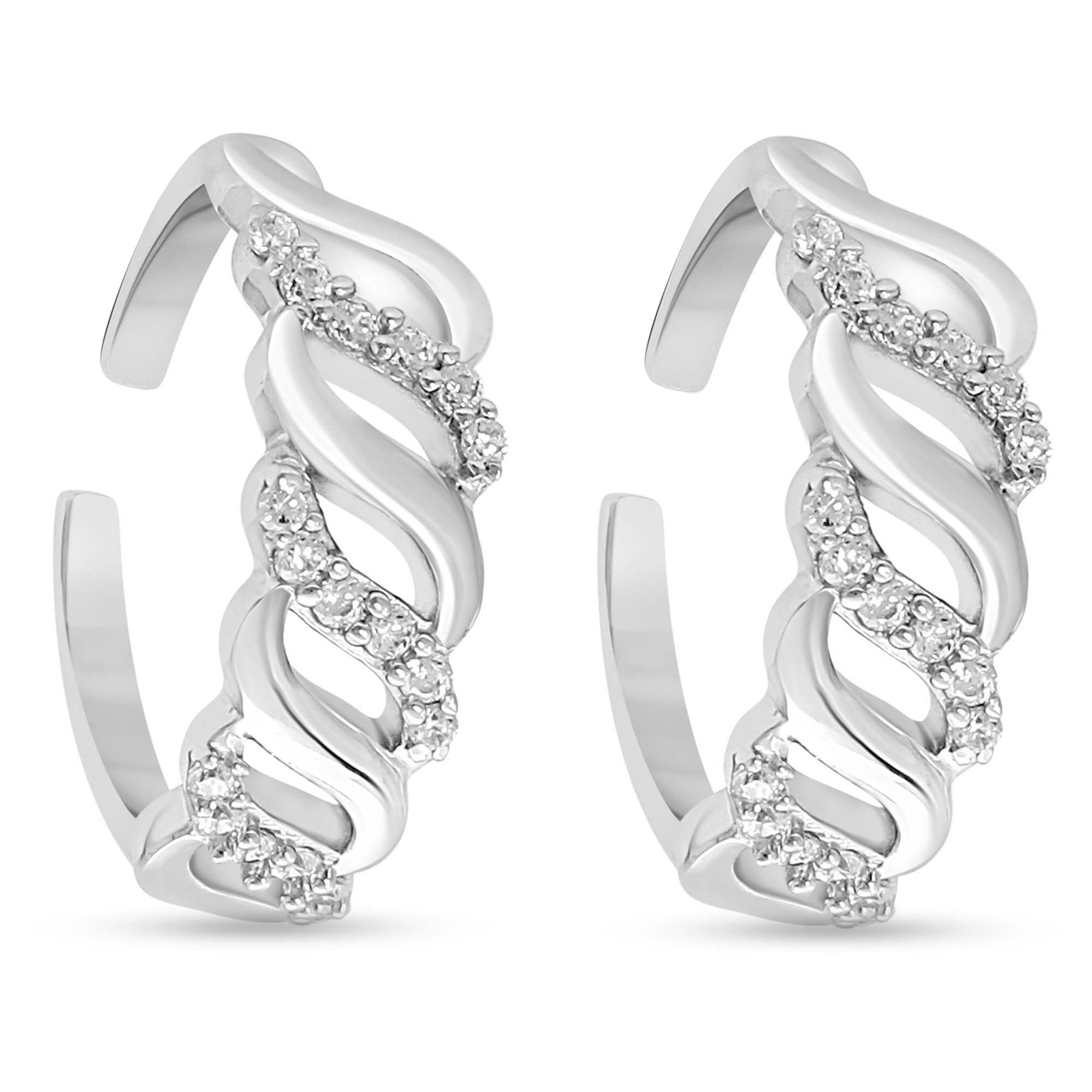 925 Sterling Silver Wavy Cubic Zirconia CZ Rhodium Plated Adjustable Pair Toe Ring for Women | Stylish Silver Jewellery | Gift for Women | With Certificate and 925 Hallmark