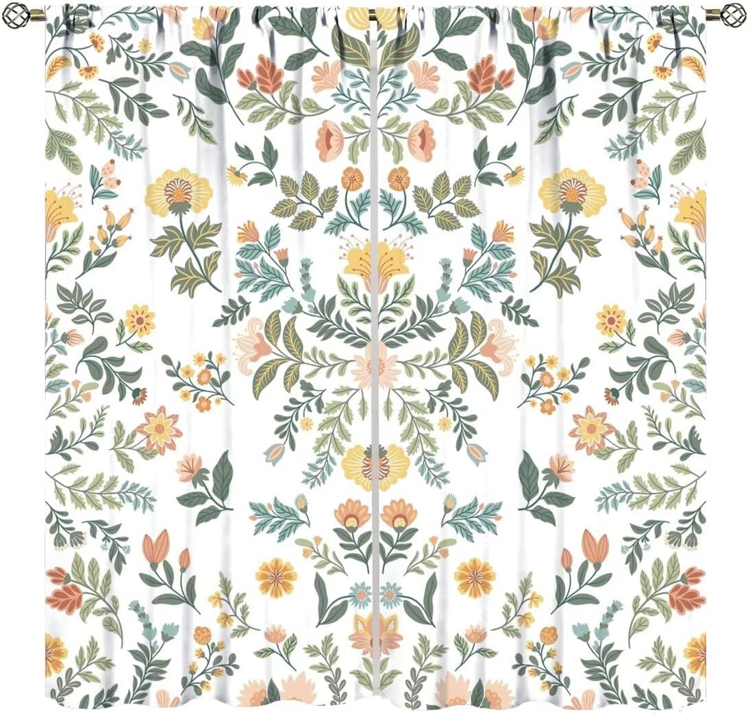 Modern Floral Botanical Print Flower Window Curtains,Yellow & Green Natural Plant Window Treatments for Living Room Bedroom Kitchen,2 Panels Set,Total Size 42 x 45 Inch