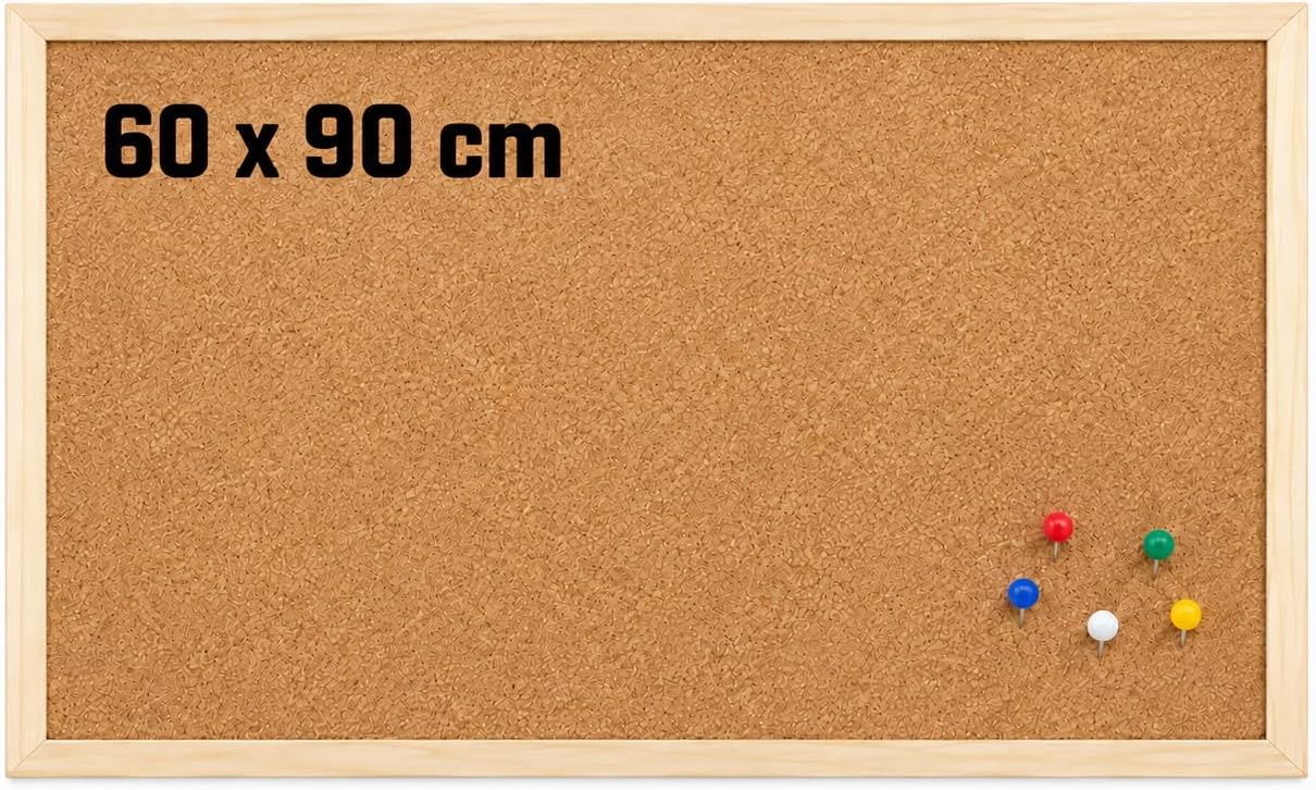 KAV Cork Notice Board 60X90cm with 6 Push Pins & 2 Hooks, 10mm Thick Natural Cork Pin Board with Classic Wooden Frame, Self-Healing Memo Board for Office, School & Home - Brown