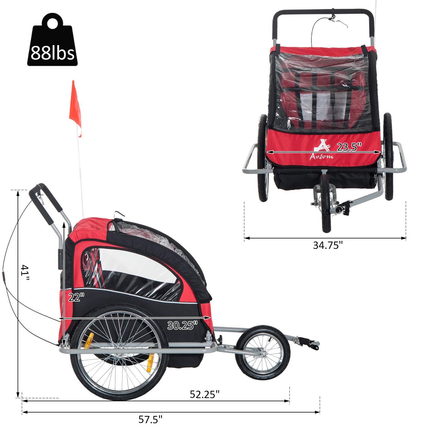 Aosom Elite 2in1 ThreeWheel Bicycle Cargo Trailer & Jogger for Two