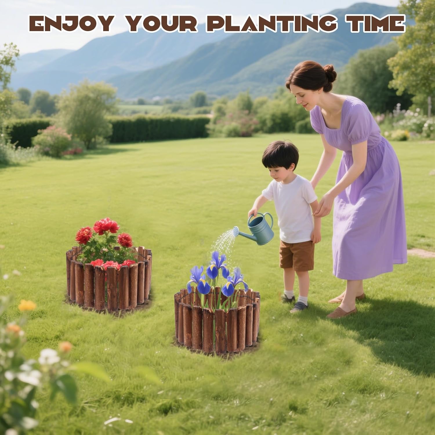 2 Pcs Wooden Garden Edging, Charcoal-Treated Wooden Fence Border Short Decorative Landscape Edging with Pointed Bottoms for Spring Outdoor Lawns Flower Beds Vegetable Garden Yard, 8 x 47 Inch
