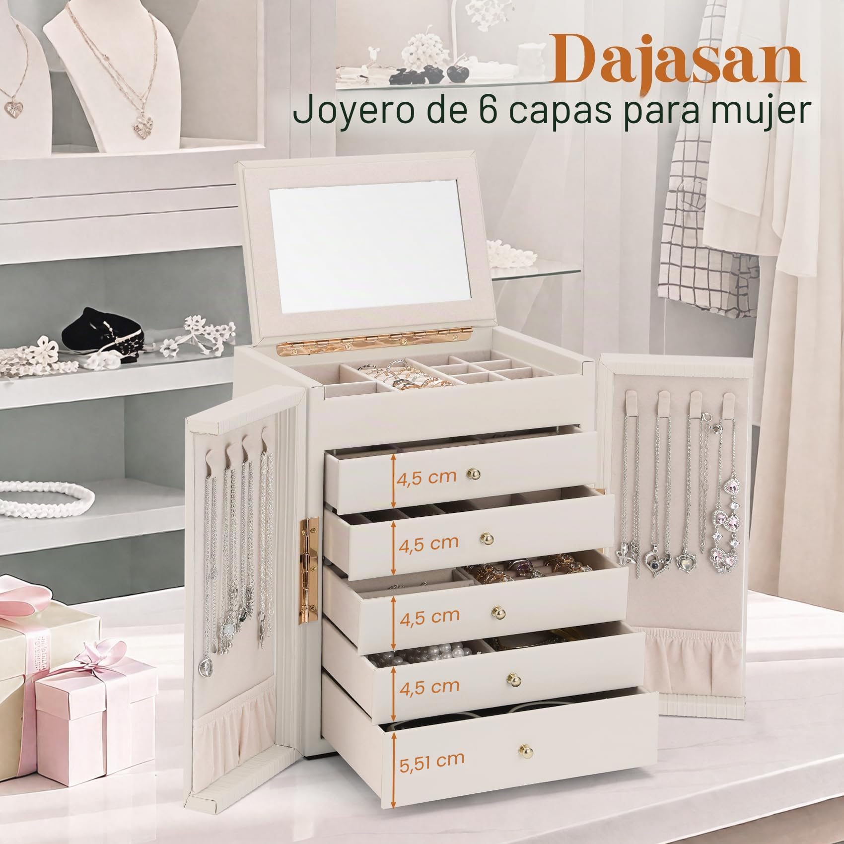 Dajasan Grande Joyeros Mujer Organizador, 6 Capas Organizador Joyas, Joyero Mujer con Espejo Para Navidad, San Valentín, Cumpleaños de la Madre, Año Nuevo (Beige)