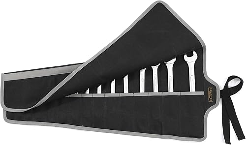 Bolsa de herramientas, juego de llaves de lona encerada duradera, bolsas enrollables multiusos con correa (26.5 x 12.5 pulgadas, negro)