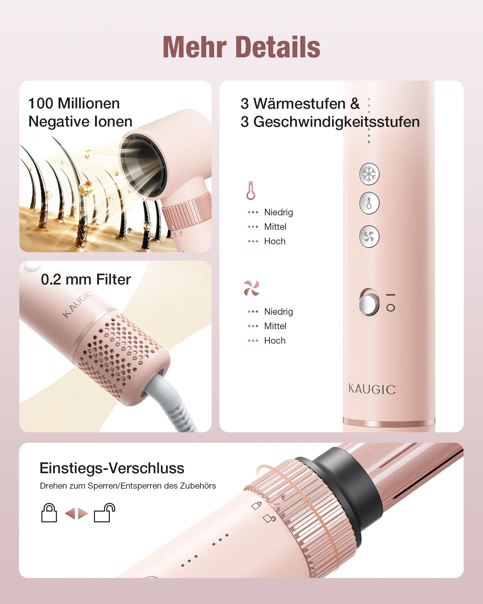 Fer à friser 6 en 1-110 000 tr/min - Haute vitesse - Pour boucler ou lisser - Rose