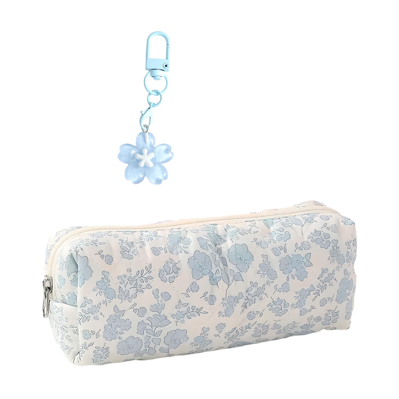 laveroar Floral Pencil Case, Portable Flower Pencil Case with 1 Flower Keychain for Girls, Opening Aesthetic Flowers Pencil Pouch with Zipper for Office College Storage Makeup Pouch, Blue Flowers
