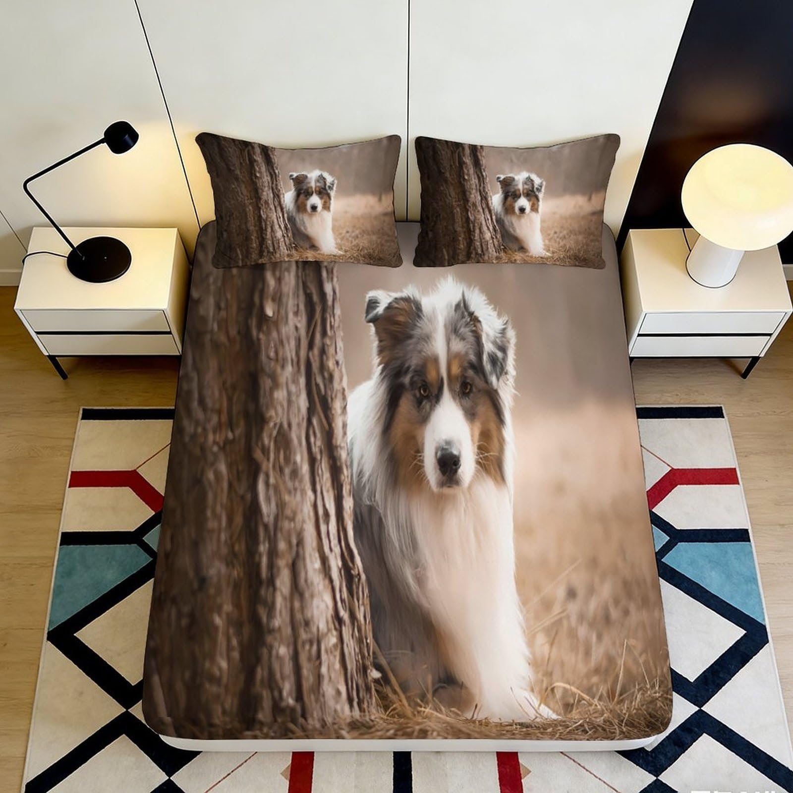 3D Printed Dog Forest Fitted Sheet Microfiber Elastic Hem Dog Pattern Mattress Fitted Cover Deep Pocket Washable Bedding 90x200x25cm