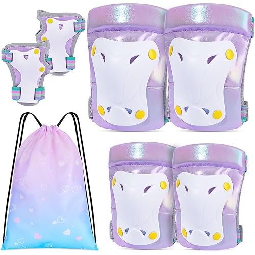 FIODAY Knee Pads for Kids Unicorn Knee Elbow Pads Wrist Guards with Drawstring Bag Adjustable Protective Gear Set for Girls Boys Inline Skating Bike Cycling Skateboard Scooter,3-8 Years,Light Purple