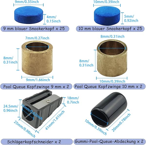 Kit de ajuste de taco de billar SHUIYUE, incluye puntas de taco, protector de taco de billar, afilador de punta de taco, ferrules de punta de taco, con caja de almacenamiento - 2