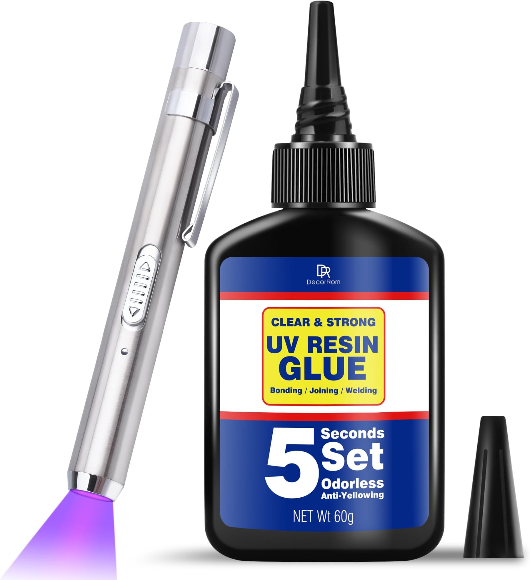 UV Resin Kit with Light, 60g UV Glue for Bonding & Curing in Seconds - Professional UV Flashlight for Jewelry UV Glue Adhesive, Plastic Welding & Glass/Acrylic Repair - Strong Bonding Craft Resin Set
