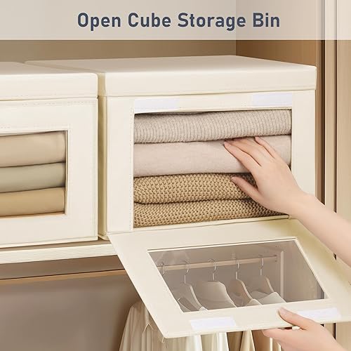 Miniatura 2 de DIMJ Contenedores de almacenamiento con tapas, paquete de 4 organizadores grandes de tela con ventana y asas, cajas de almacenamiento decorativas