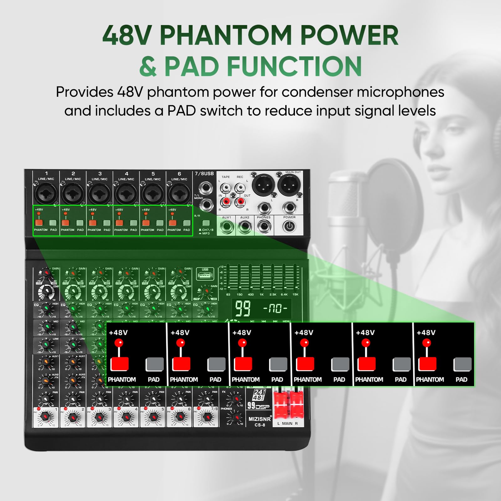 Audio-Mixer, 8-K-Sound-Mixer-Konsole, professionelles Musik-Mischpult, DJ-Mixer mit 99 DSP, 7-Band-EQ, USB, Bluetooth, 48 V Phantomspeisung & PAD-Funktion für Aufnahme von