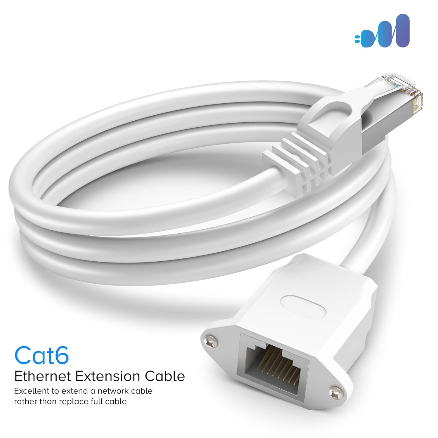 Ethernet Extension Cable, Cat 6 Ethernet Cable Extender, Internet Cable with Shielded RJ45 Male-to-Female Connector, LAN Cable Extension for Patch Networks, White (8 Feet, 10 Pack)