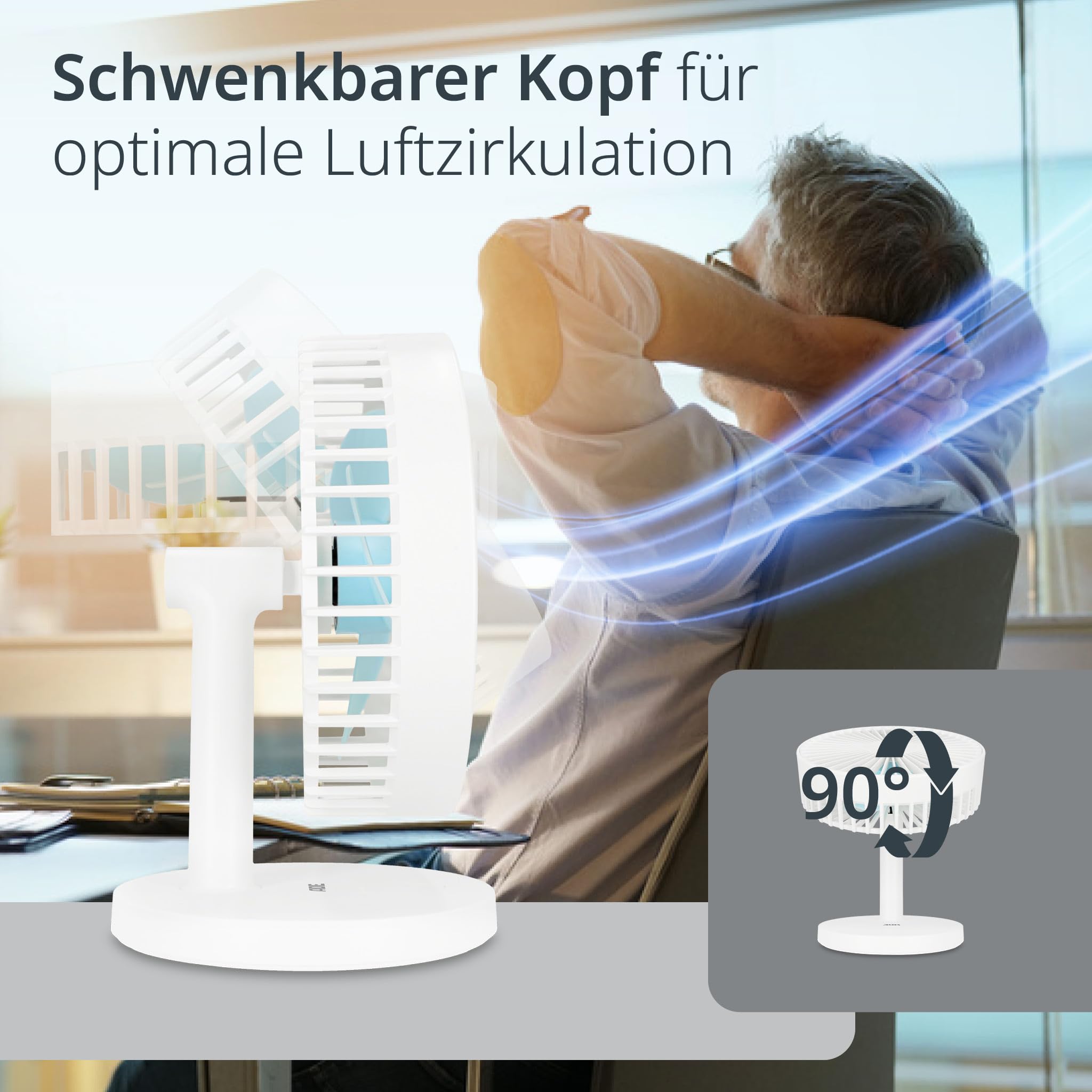 ADE Tischventilator USB 3 Stufen Akku 7,5 h 2000 mAh 90° Neigung weiß