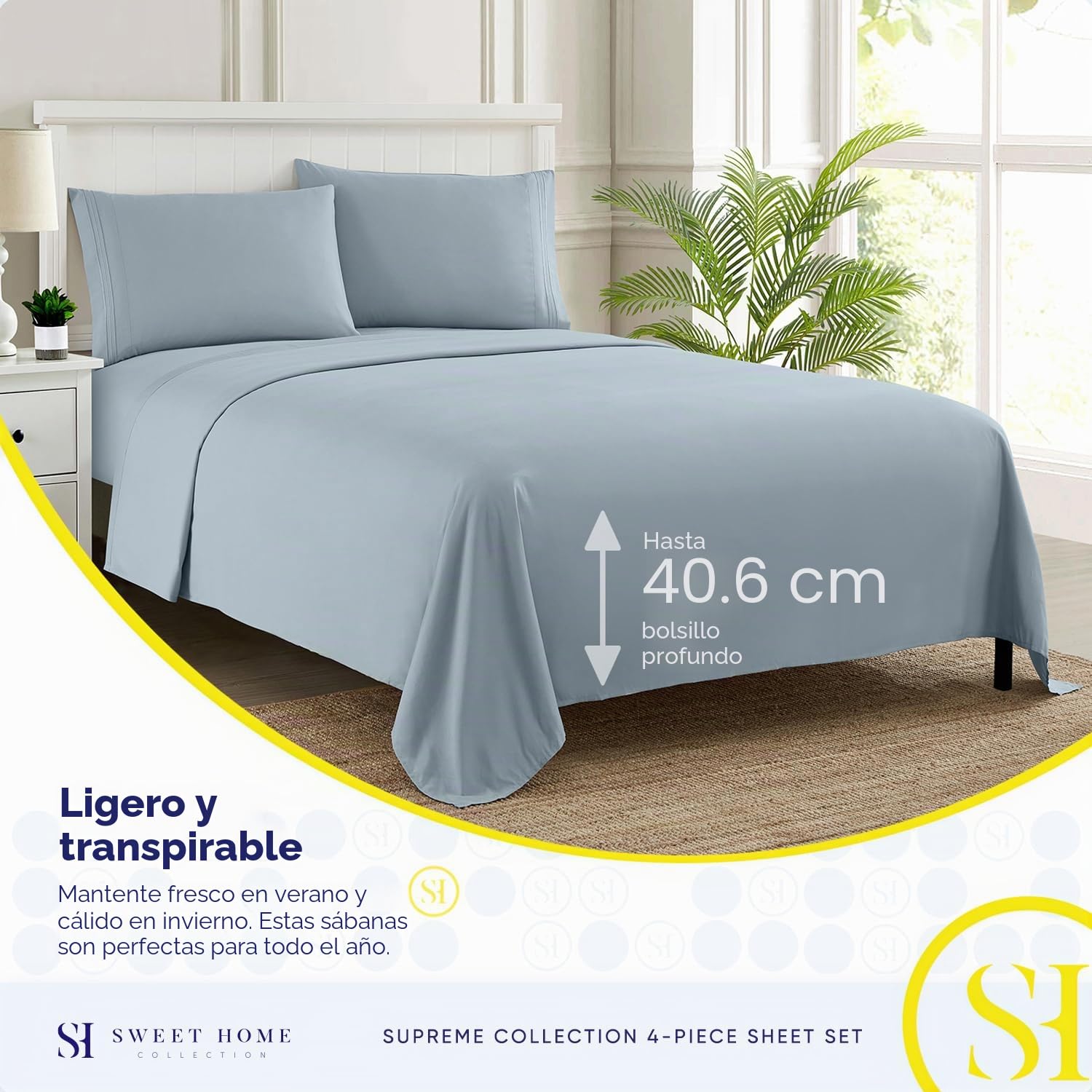 Sweet Home Collection Juego de Ropa de Cama de Lujo con sábana encimera, sábana Bajera, 2 Fundas de Almohada, Microfibra, Azul Niebla, tamaño Queen