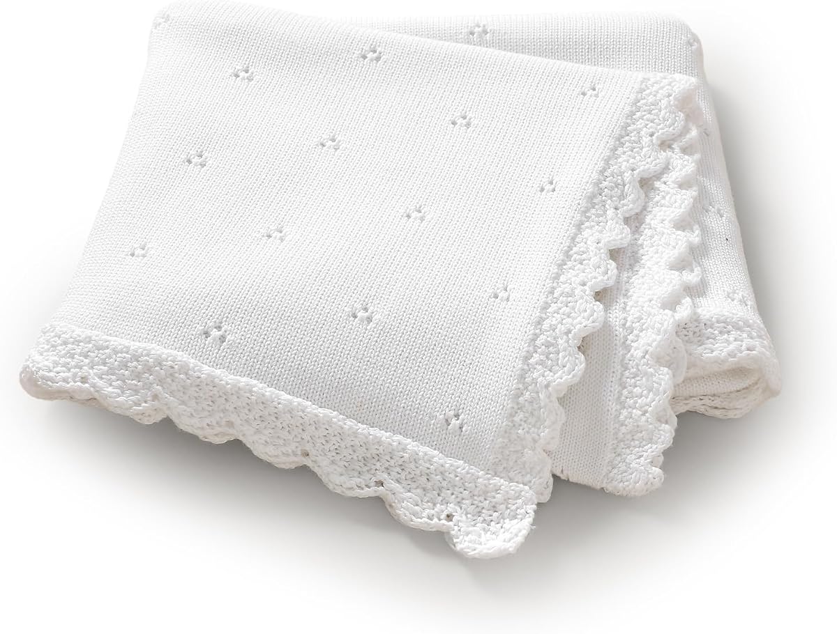 LAWKUL Organic Cotton Baby Blanket for Boys Girls, 30x40 Inch (White) | Soft Knitted Crochet, Newborn Neutral, Crib Receiving, Nursery Swaddle, Lightweight Breathable