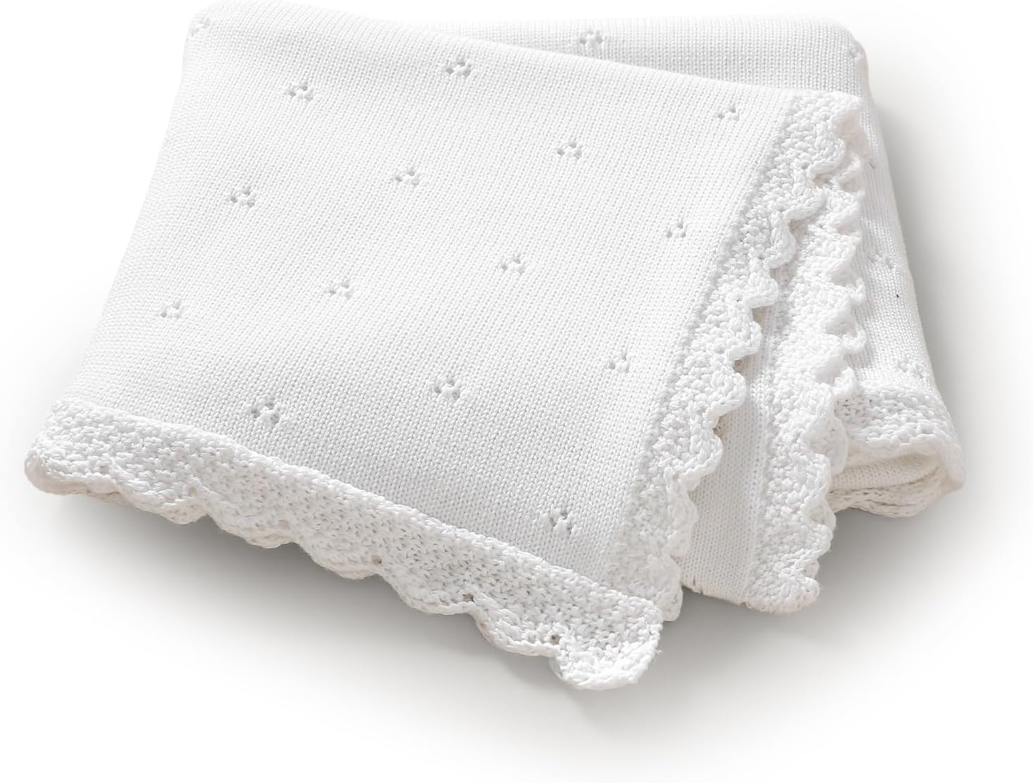 LAWKUL Organic Cotton Baby Blanket for Newborn Boys Girls, Knitted Crochet Receiving Blankets Crib Nursery Swaddle, 30x40 Inch (White)