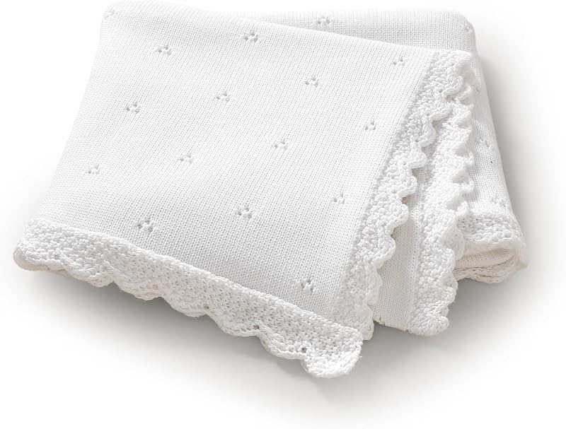 LAWKUL Organic Cotton Baby Blanket for Boys Girls, 30x40 Inch (White) | Soft Knitted Crochet, Newborn Neutral, Crib Receiving, Nursery Swaddle, Lightweight Breathable