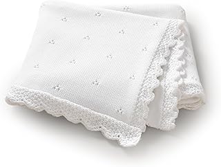 LAWKUL Organic Cotton Baby Blanket for Boys Girls, 30x40 Inch (White) | Soft Knitted Crochet, Newborn Neutral, Crib Receiving, Nursery Swaddle, Lightweight Breathable