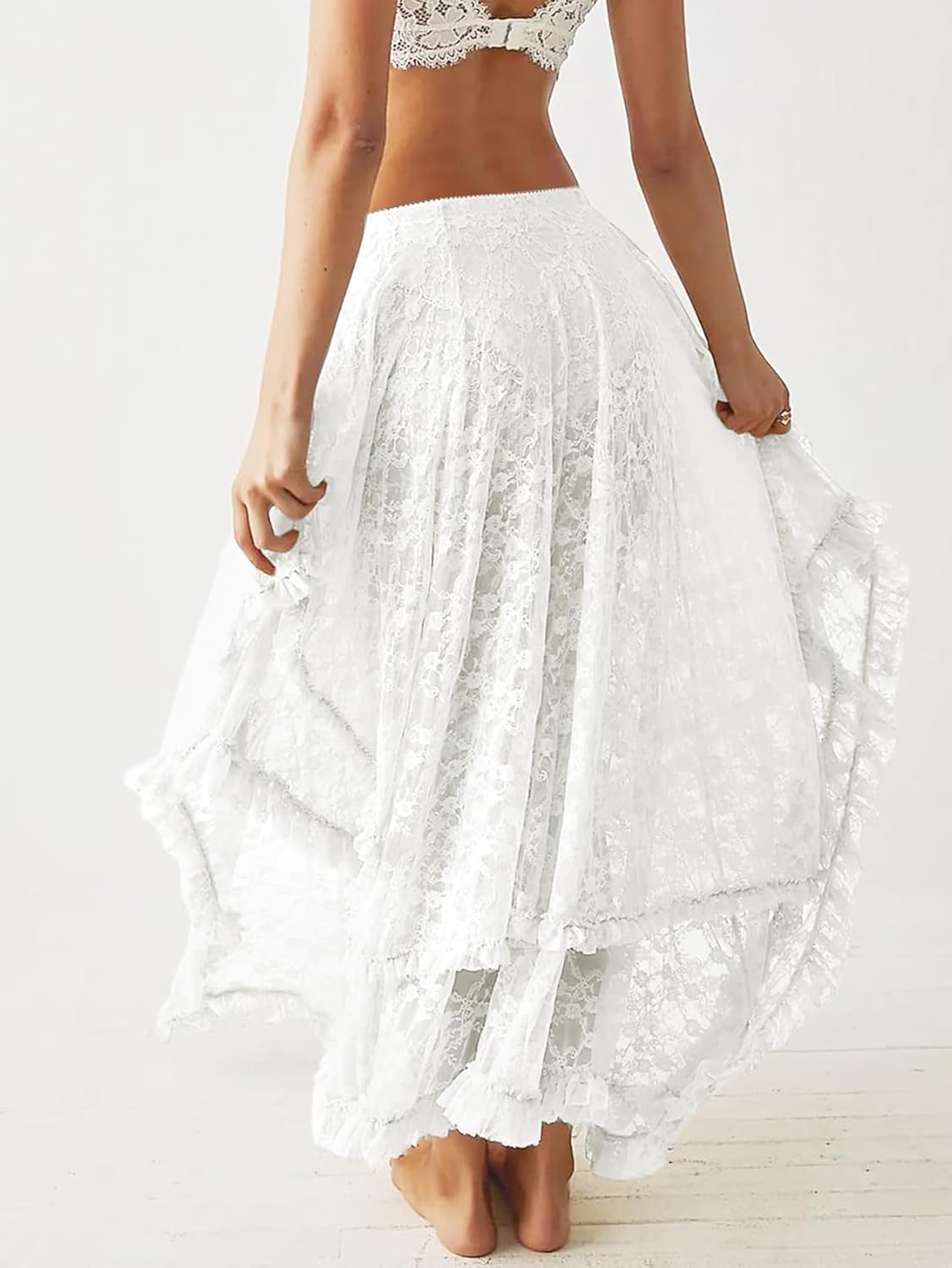 YKR Womens Lace Long Skirts Elastic Asymmetrical Layered Hem Sexy See-Through Flowy Skirts Floral Beach Maxi Skirt - Image 4