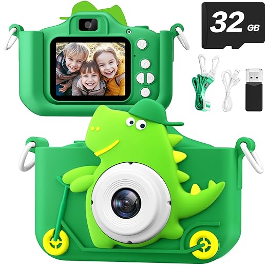 Kids Camera Toys for 3-12 Boys Girls, 1080P HD Selfie Digital Video Camera for Kids Toddlers Christmas Birthday Gifts, Multi-Function Puzzle Games Play Music Children Camera with 32GB SD Card (Green)