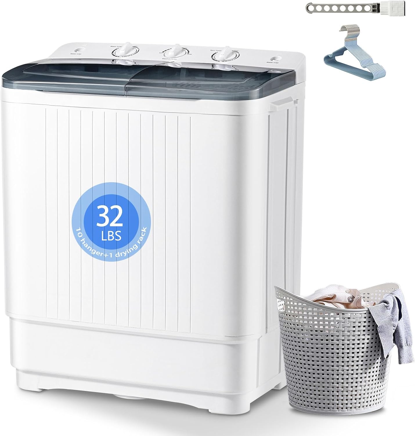 Portable Washing Machine, 32lbs Twin Tub (20lbs Washer + 12lbs Spinner) with 10 Hangers and Drying Rack, Semi-Automatic Compact Washer for Dorms, Apartments, RVs, Camping (Black)