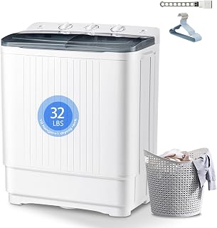 Portable Washing Machine, 32lbs Twin Tub (20+12lbs Washer/Spinner) with 10 Hangers and Drying Rack, for Powerful Stain Removal, Semi-Automatic Compact Washer for Dorms, Apartments, RVs(Black)