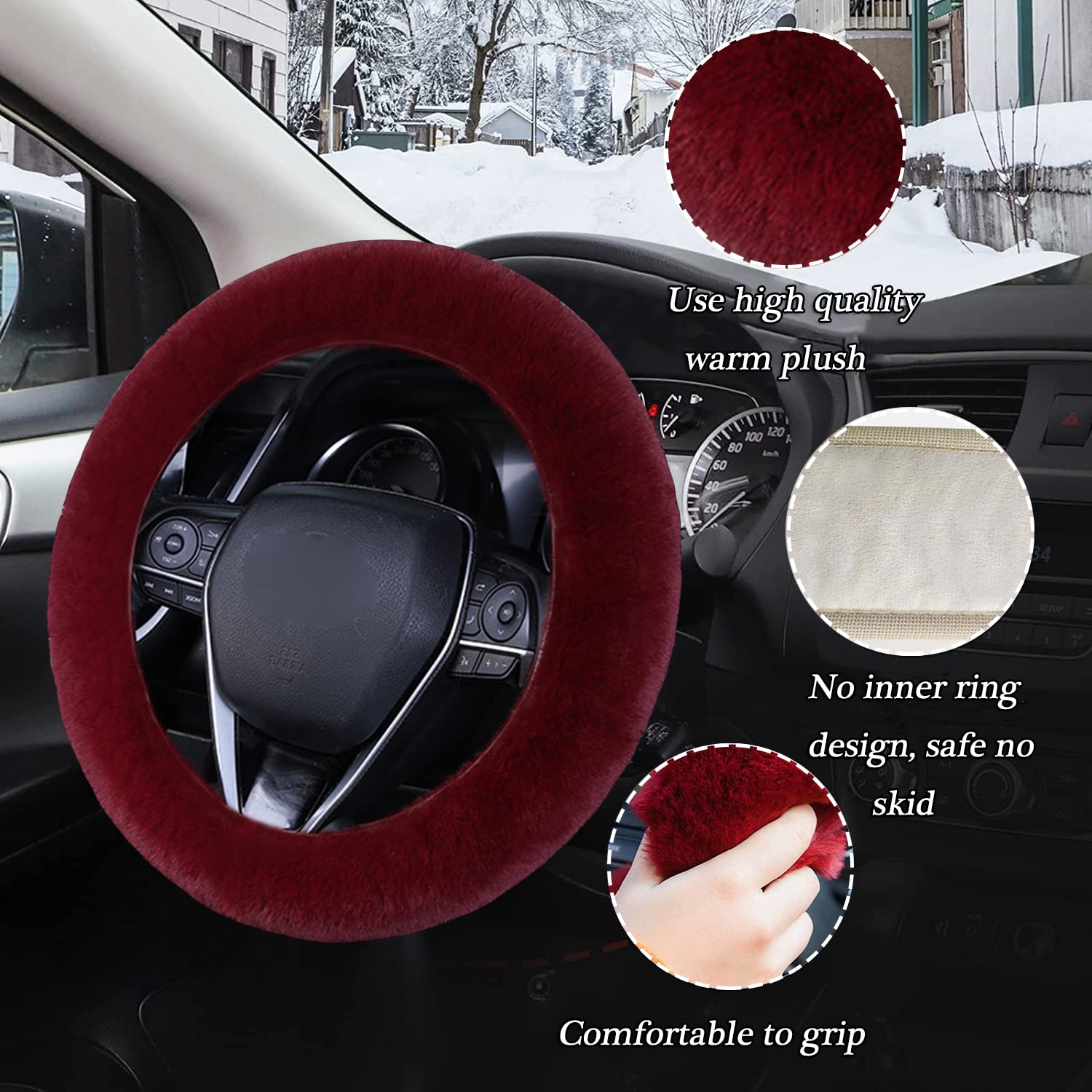 WenMei 1 Set 4 Pcs Fluffy Steering Wheel Cover&Handbrake Cover&Gear Shift Cover&Fluffy Auto Center Console Cover Faux Wool Steering Wheel Covers for Women Universal Car Interior Accessories (Wine red)
