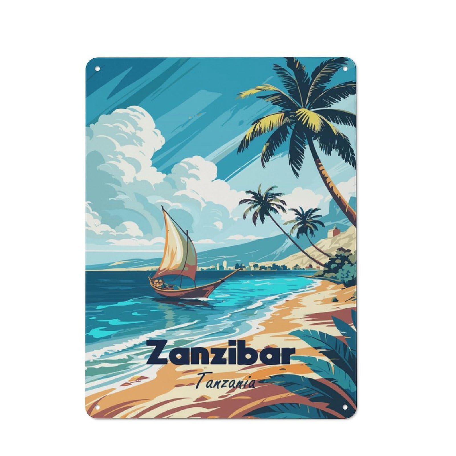 Junmoney Style-14 Zanzibar, Tanzania Tropical Beach Scene Printed Metal Sign 40X30cm For Dining Room Or Kitchen, For Kitchen Wall Decor Lovers