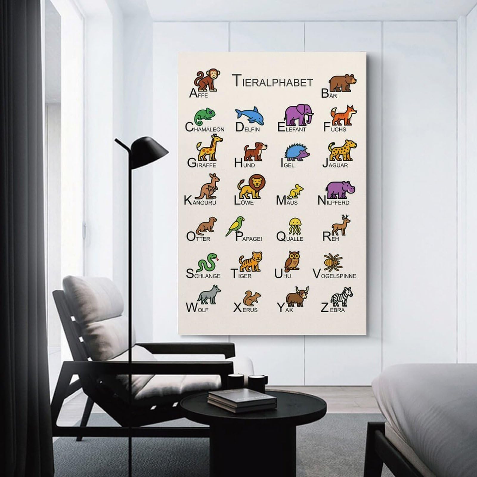 Junmoney Tieralphabet German Animal Alphabet Illustration Decorative Canvas Print 20x30inch(50x75cm), for Gallery Wall Layouts in Home Or Office, Home Wall Art for Statement Displays