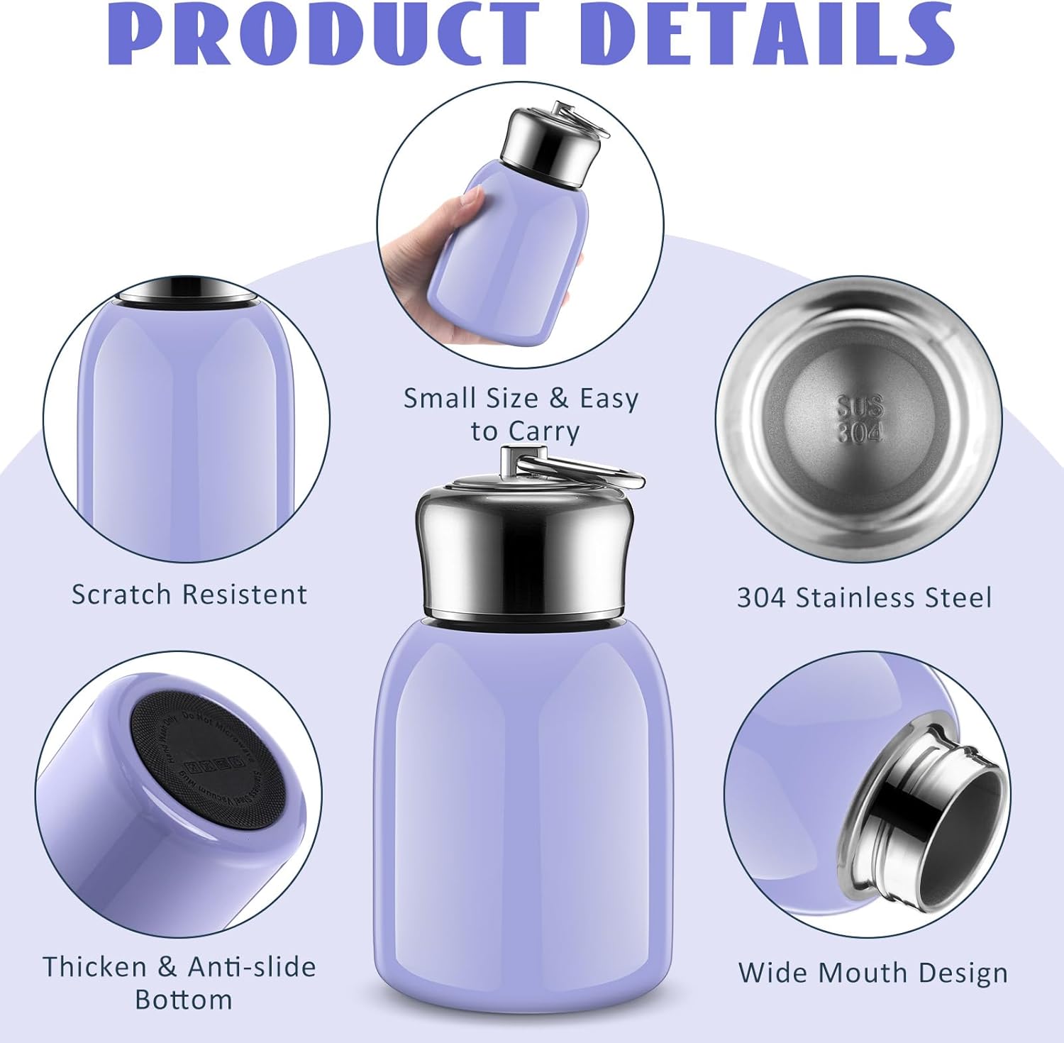 Mifoci 1 Pcs 10oz Mini Water Bottles Stainless Steel Slim Insulated Thermal for Hot Cold Drink Thermal Small Vacuum Portable Water Bottle for Women Gifts Travel Camping Hiking (Lavender) - Image 3