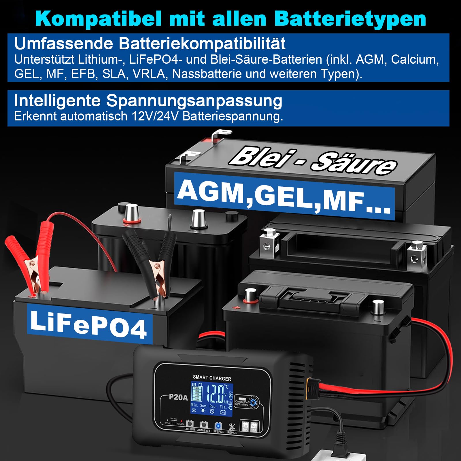 20A Autobatterie Ladegerät 12V/24V mit Ladegerät für LiFePO4 & Blei-Säure-Batterien (AGM, Gel, MF, EFB, SLA usw), Erhaltungsladung, Desulfator, LCD-Display für Auto, Motorrad, Boot, Rasenmäher
