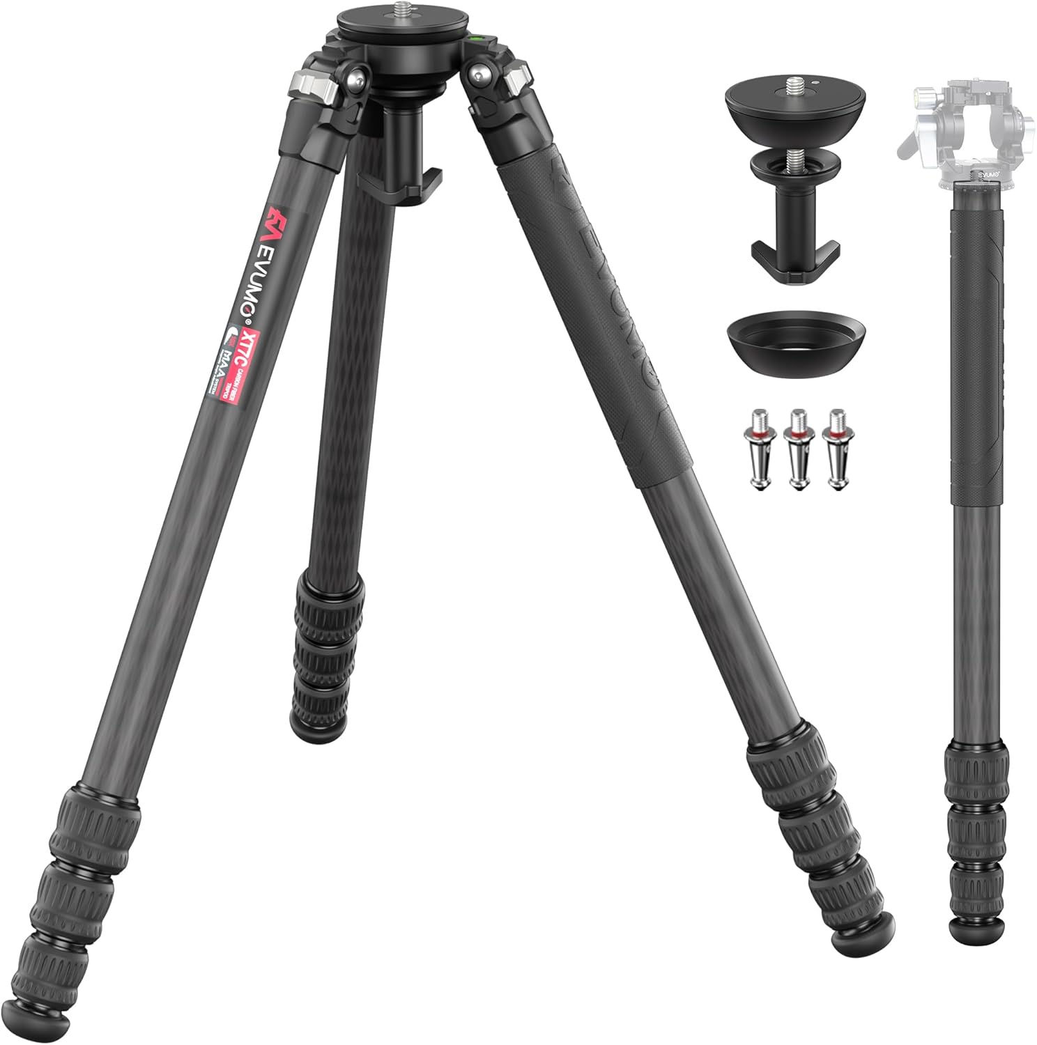 EVUMO XT7C Carbon Fiber Tripod with Bowl and Leveling Base Adapter, 63" Heavy Duty Professional Carbon Tripod Stand for Camera, Camcorder, Telephoto Lens, 10-Layer 32mm Carbon Tube, Max Load 44lb/20kg