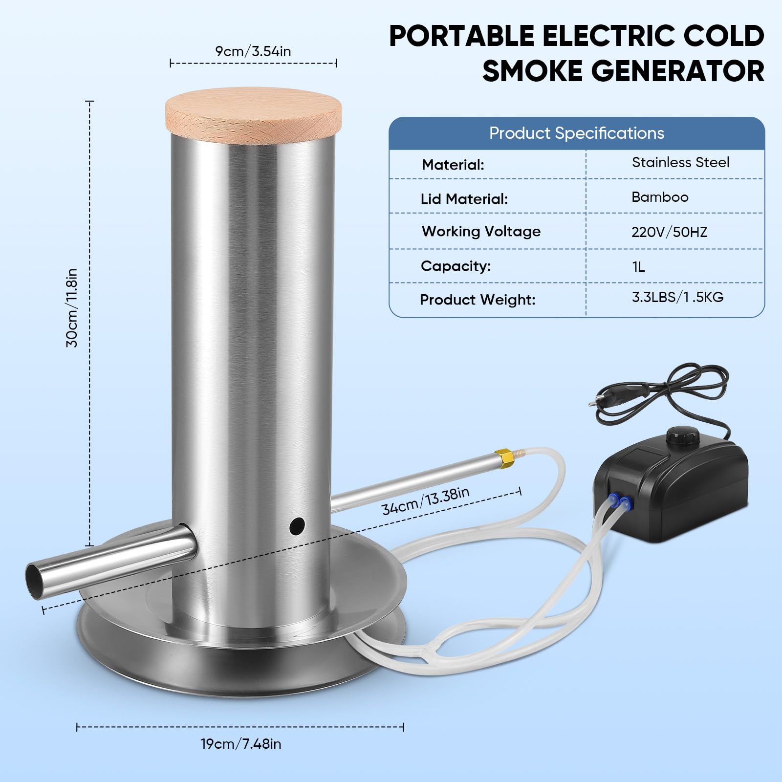 Generador de Humo Frío de Acero Inoxidable, Ahumador en Frío Ahumador Ggenerador de Fumador para Carne y Pescado con Bomba y Tubo Verdor Desmontable, Generador de Humo Frío para Barbacoa
