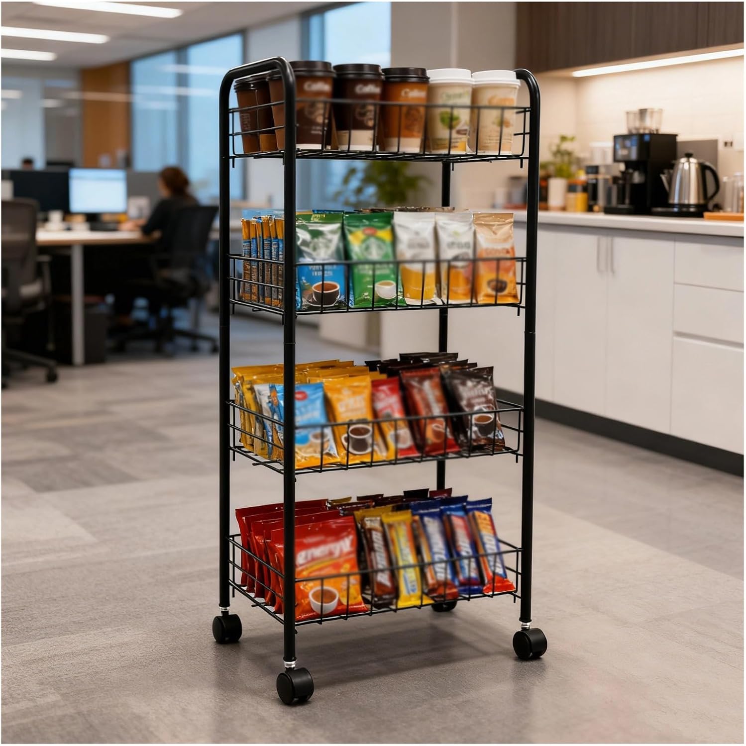 4 Tier Fruit Vegetable Basket Storage Cart, Stackable Metal Mesh Snack Organizer with 360 Degree Wheels for Home, Kitchen, Bathroom, Office and Pantry, Black