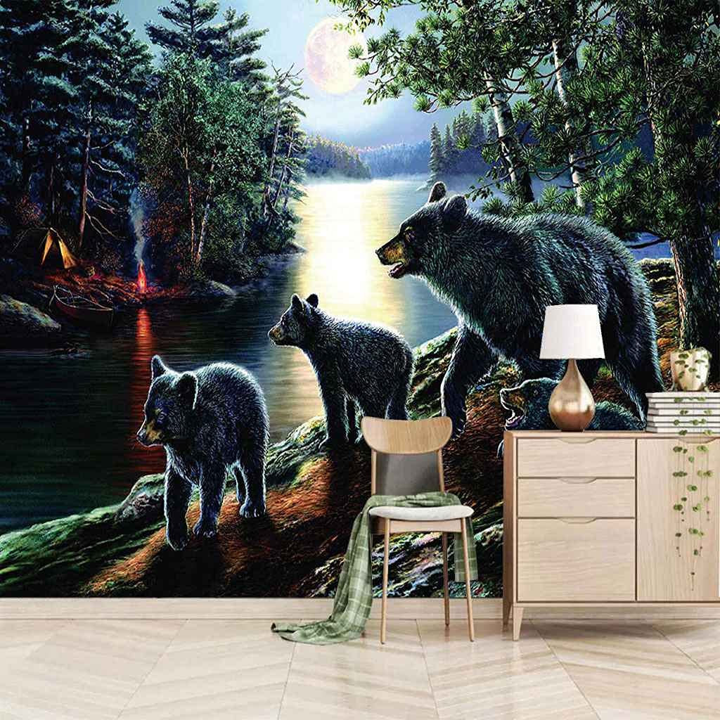 Grandes peintures murales 3D ours noir en papier peint effet canevas