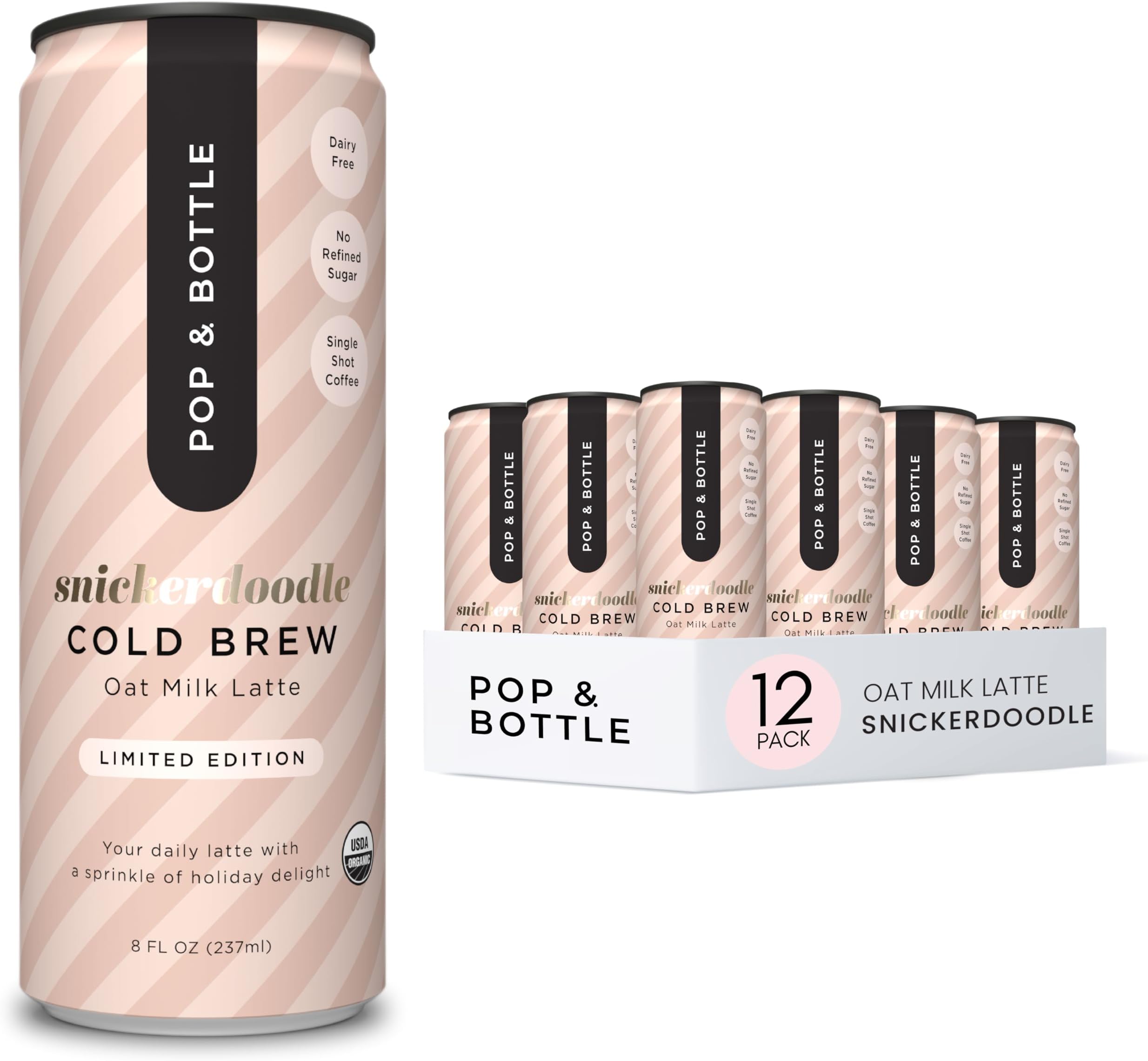 Pop & Bottle Oat Milk Lattes- Cold Brew, Cold Brew Coffee Cans, Canned Coffee, Iced Coffee, Organic, Dairy Free, Gluten Free, Lightly Sweetened with Coconut Nectar- Snickerdoodle, 8 Fl Oz (12 Pack)