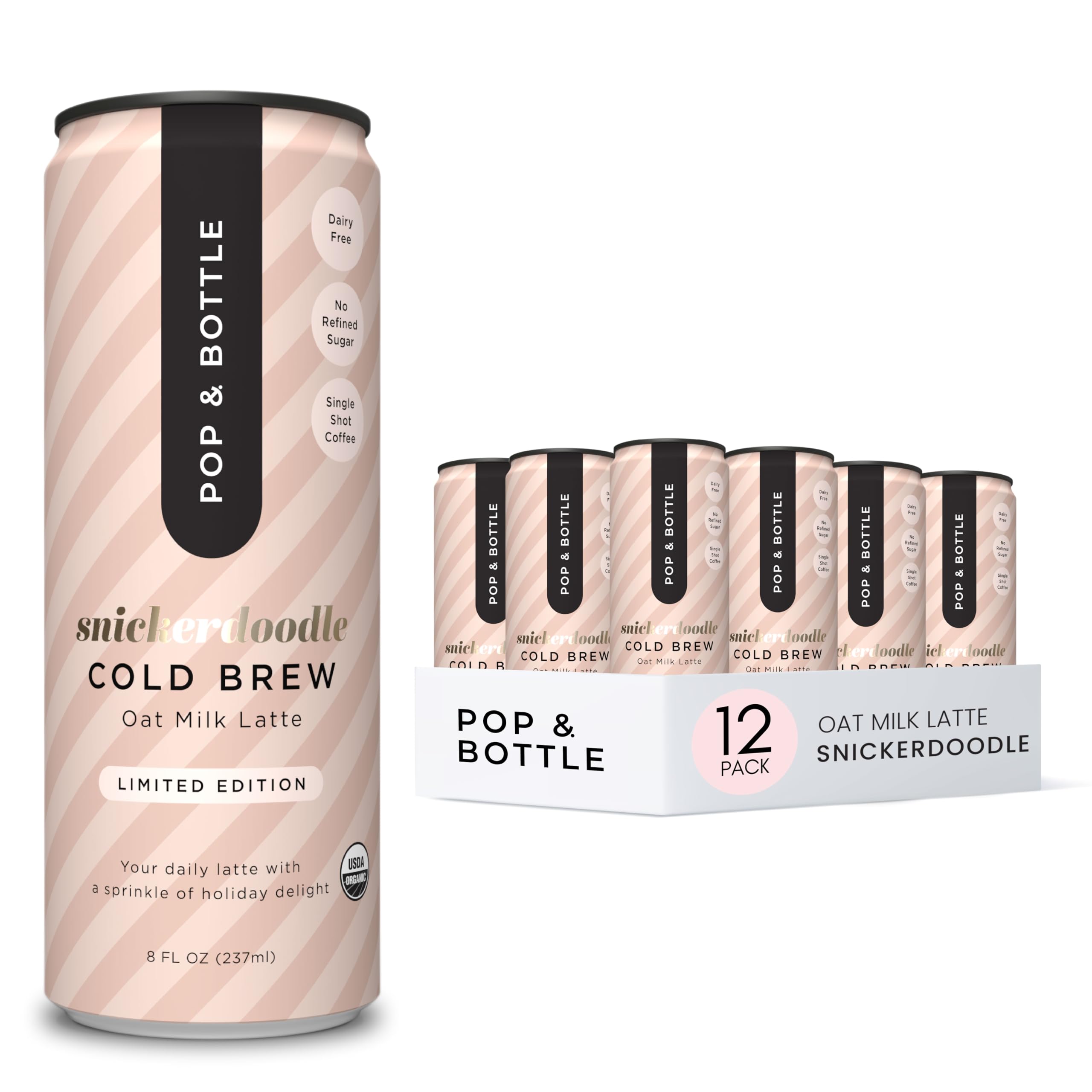Pop & Bottle Oat Milk Lattes- Cold Brew, Cold Brew Coffee Cans, Canned Coffee, Iced Coffee, Organic, Dairy Free, Gluten Free, Lightly Sweetened with Coconut Nectar- Snickerdoodle, 8 Fl Oz (12 Pack)