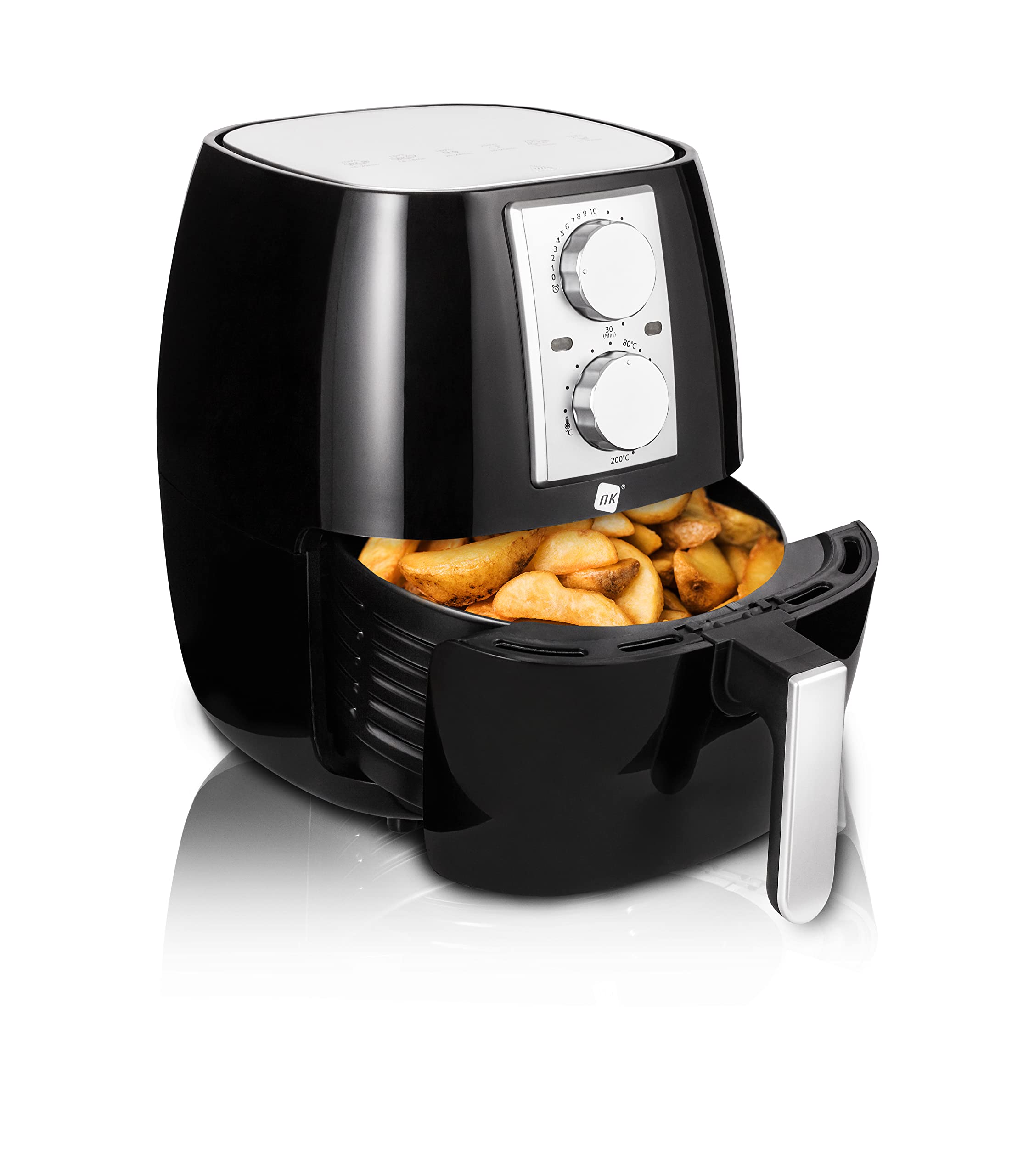 NK Freidora Mecánica sin Aceite 4,5L - Airfryer Caliente XL, Fácil de Usar, 6 Programas, 1500W, Temperatura Regulable hasta 200ºC (Libro de Recetas Digital ESP/EN) - Compatible con Lavavajillas