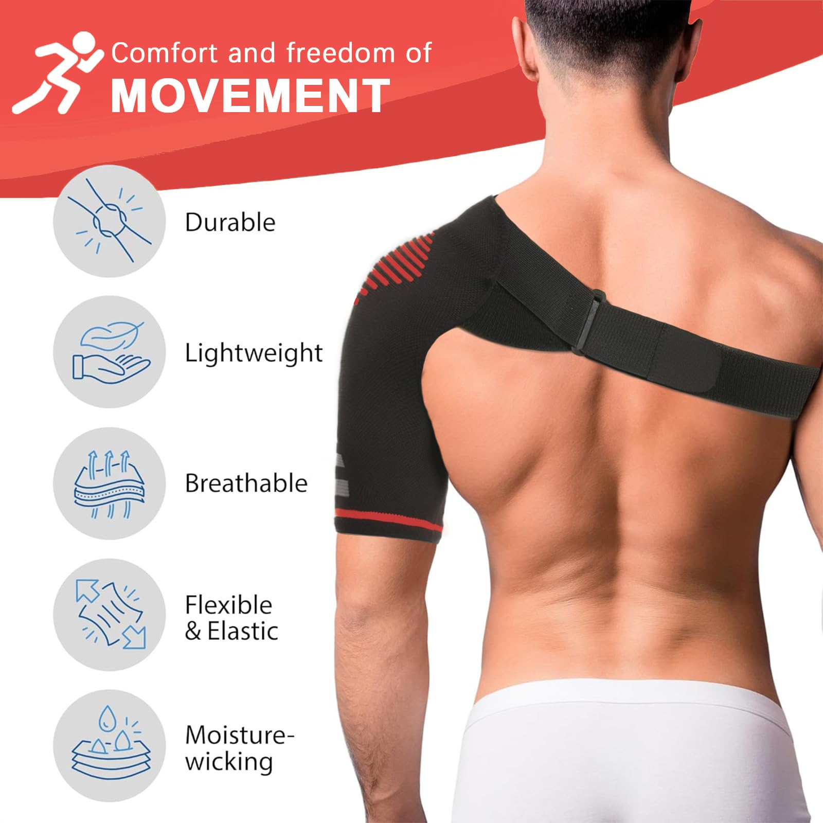 Jorun Tutore per spalla per uomini e donne, manica a compressione regolabile per alleviare dolori, lussazioni articolari, lesioni (rosso, S/M)