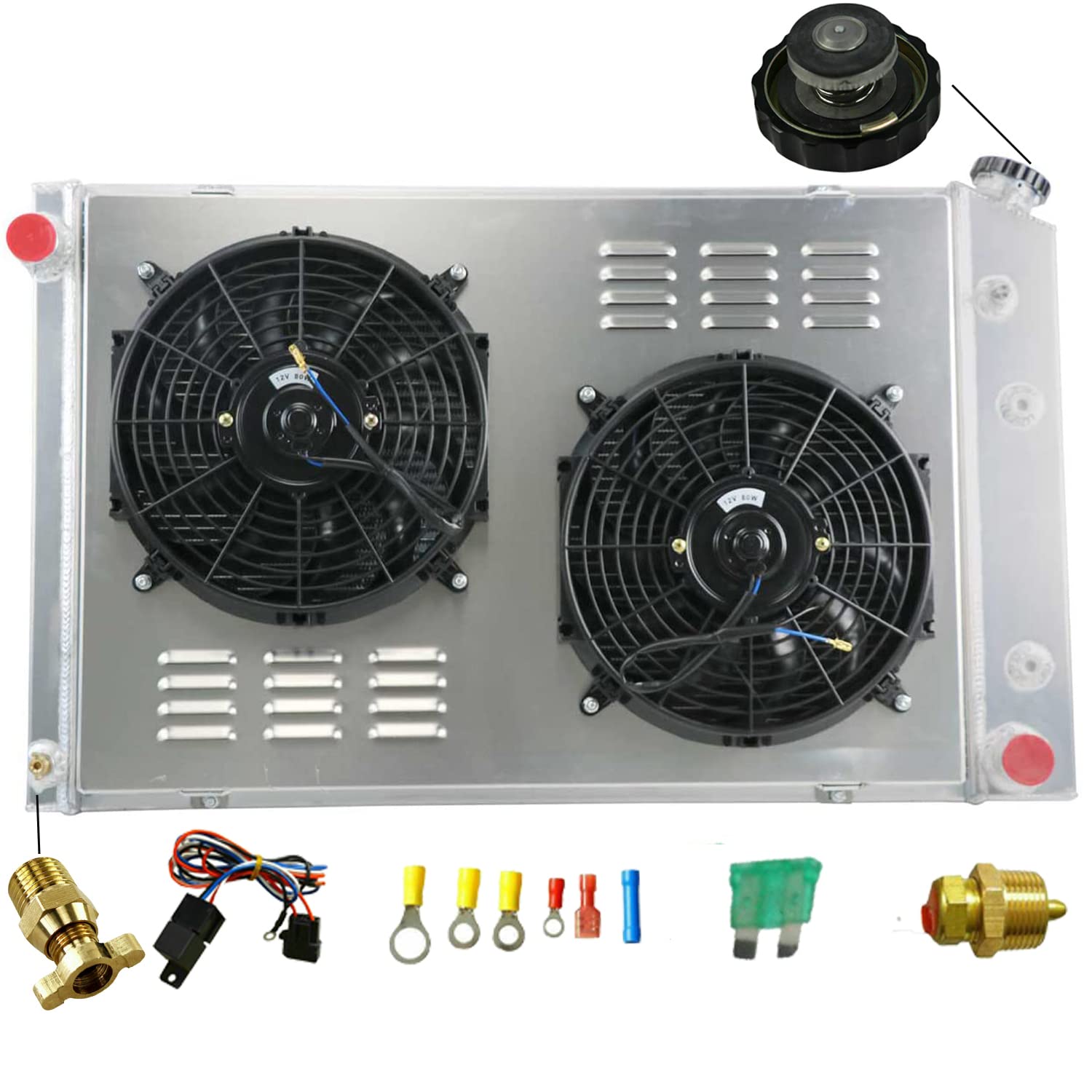 4 Row Aluminum Radiator Shroud Fan Relay for 1973-1991 Chevy GMC C K C10 10 20 30 C1500 C2500 C3500 Jimmy Blazer Truck Pickup Suburban Radiators